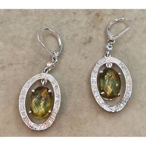 Oval Green Gemstone & CZ Drop Earrings With Silver Leverback Closure